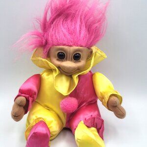 Russ Berrie Troll Doll Clown Jester Soft Body Pink Yellow Play-suit Pink Hair Vi